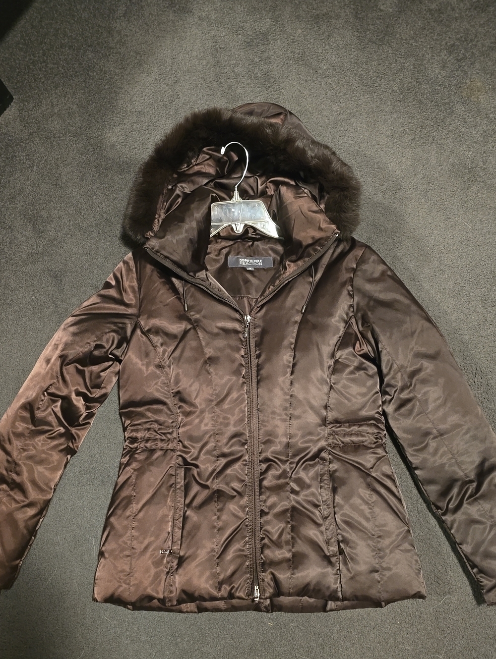 Kenneth Cole Reaction Women's Brown Hooded Puffer Jacket with Faux Fur Trim
